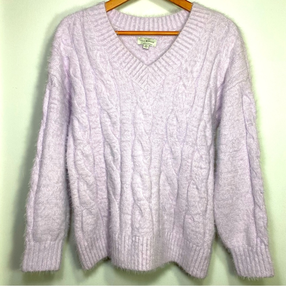 Lucky Brand Fuzzy Chunky Cable Knit Lavender V-Neck Long Sleeve Sweaters, S